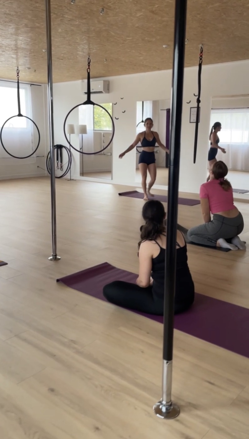 Un cours dans la salle, cerceaux aériens au fond